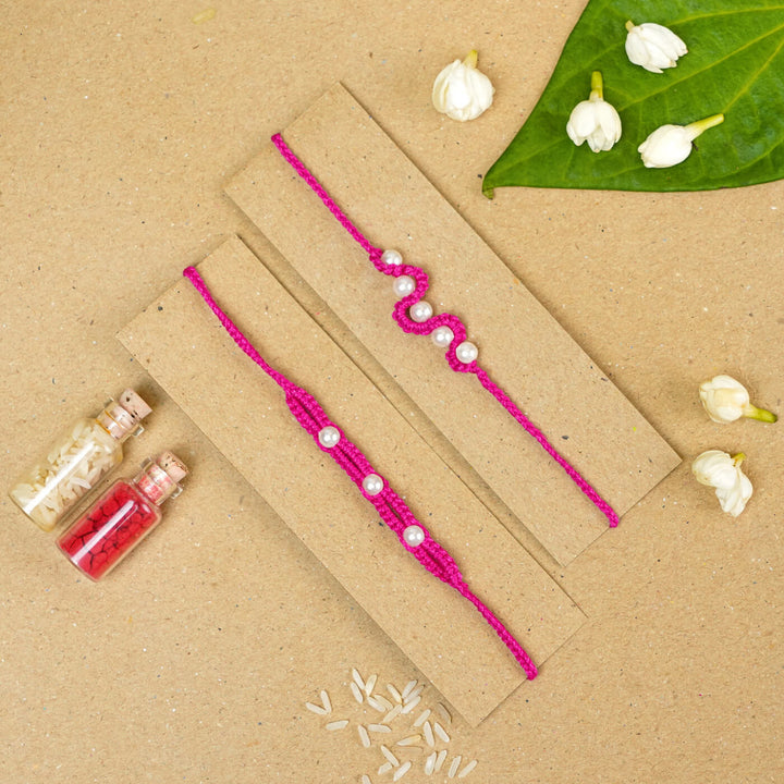 Handmade Macrame Pearl Rakhi With Roli Chawal | Set of 2