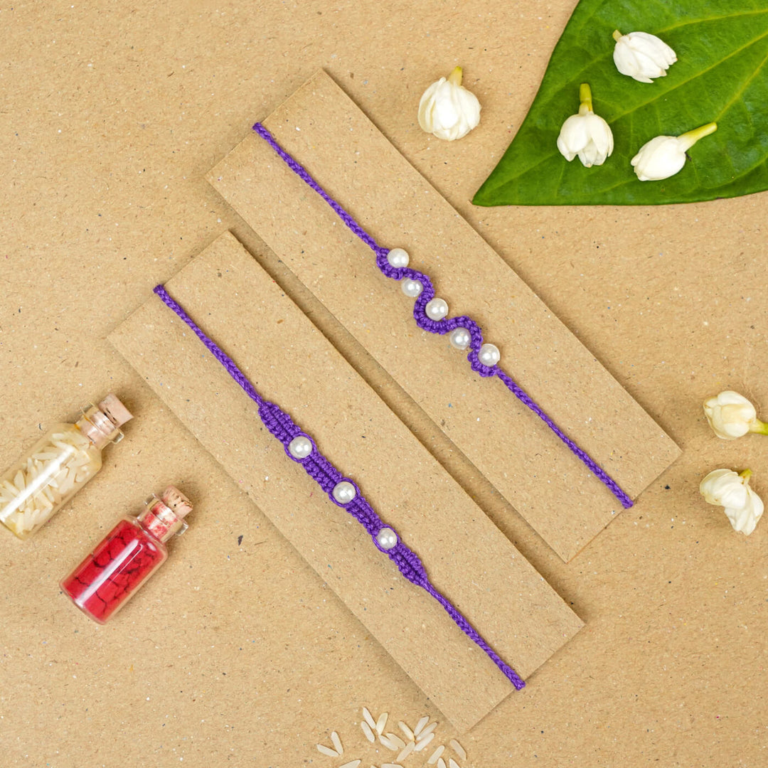 Handmade Macrame Pearl Rakhi With Roli Chawal | Set of 2