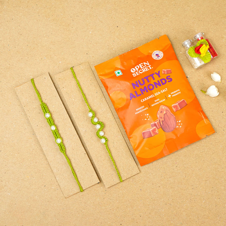 Handmade Macrame Pearl Rakhi With Roli Chawal | Set of 2
