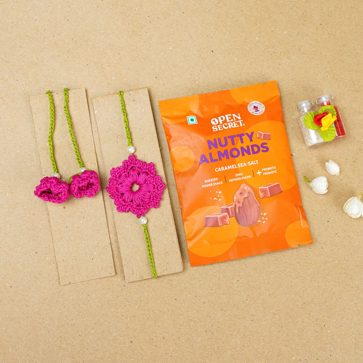 Handmade Crochet Floral Cotton Bhaiya Bhabhi Rakhi With Roli Chawal | Set of 2