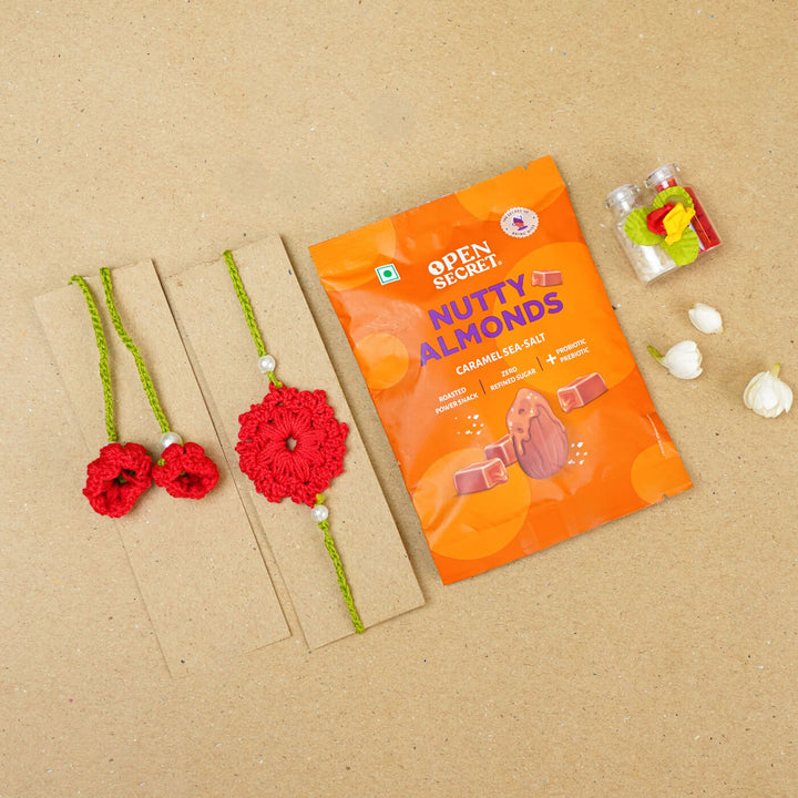 Handmade Crochet Floral Cotton Bhaiya Bhabhi Rakhi With Roli Chawal | Set of 2