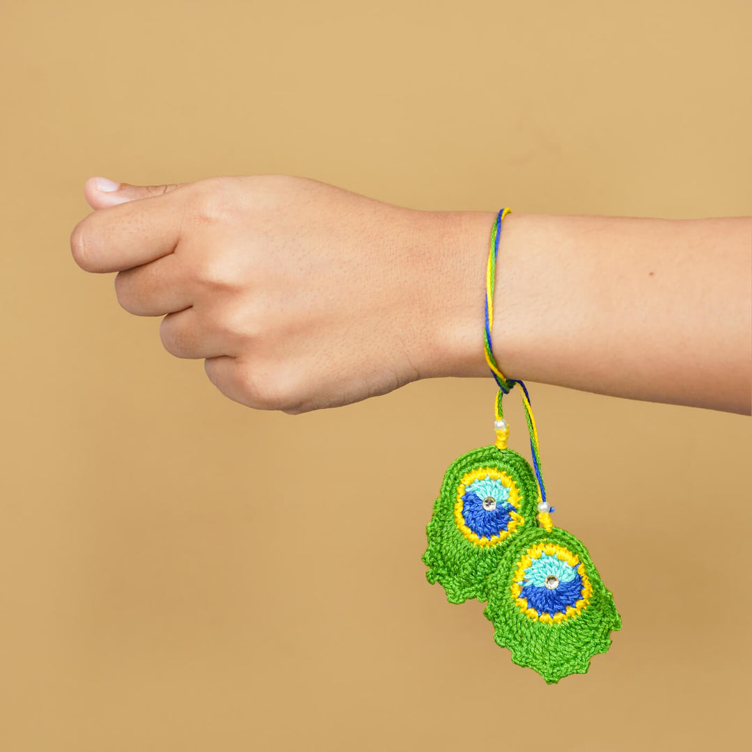 Handmade Crochet Peacock Feather Cotton Lumba Rakhi for Bhabhi With Roli Chawal