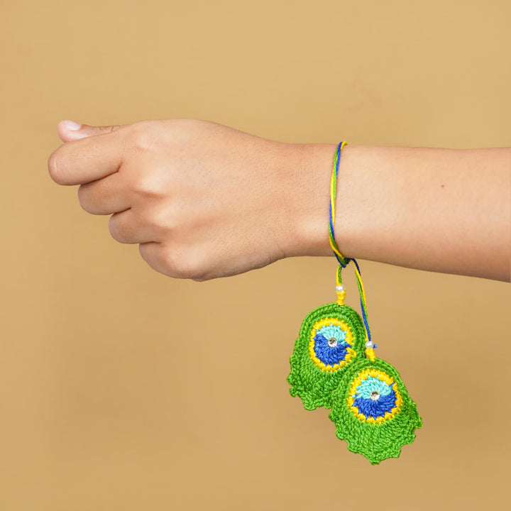 Handmade Crochet Peacock Feather Cotton Lumba Rakhi for Bhabhi With Roli Chawal