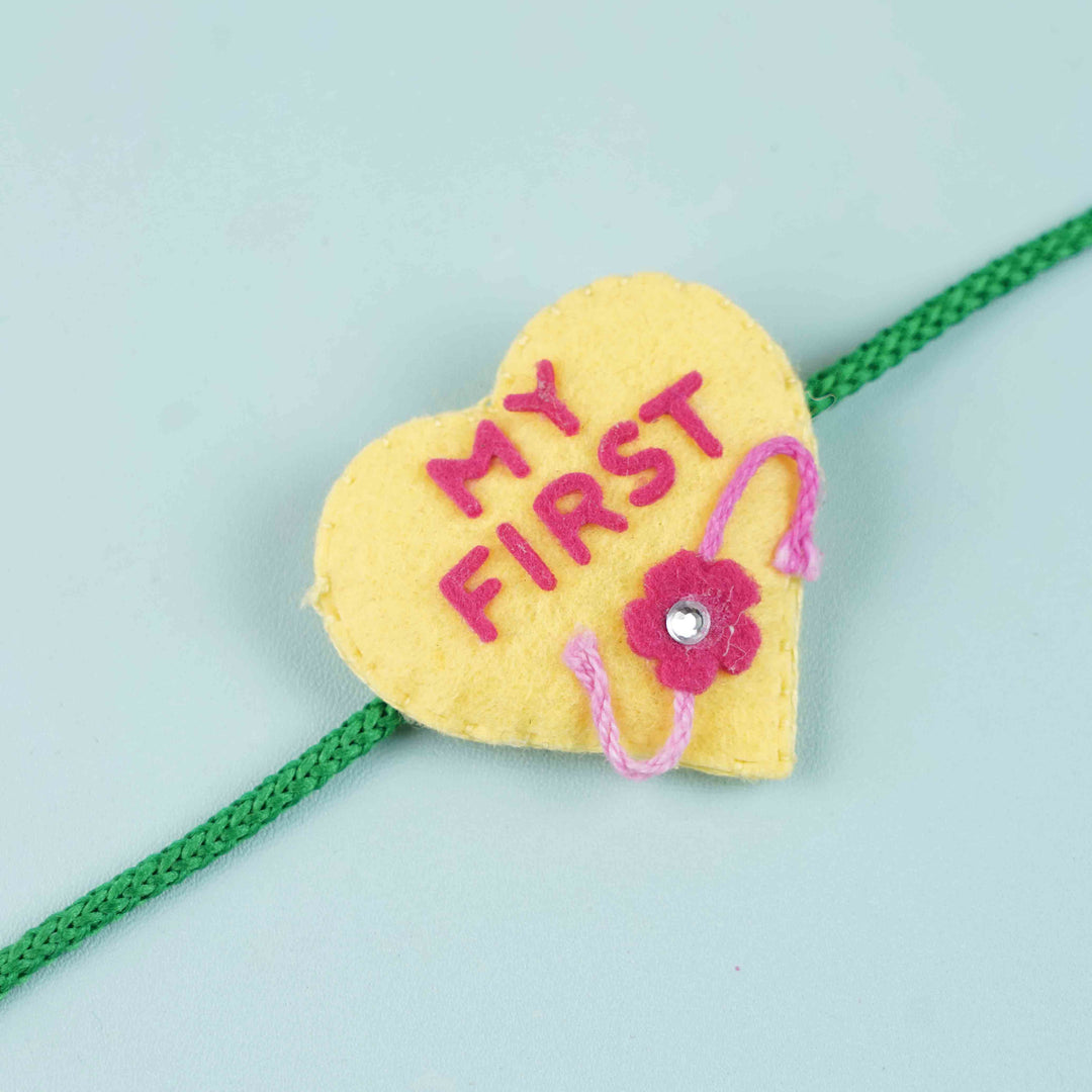 Handmade Felt My First Rakhi Kids Rakhi With Roli Chawal - Close-up of Heart-Shaped Rakhi