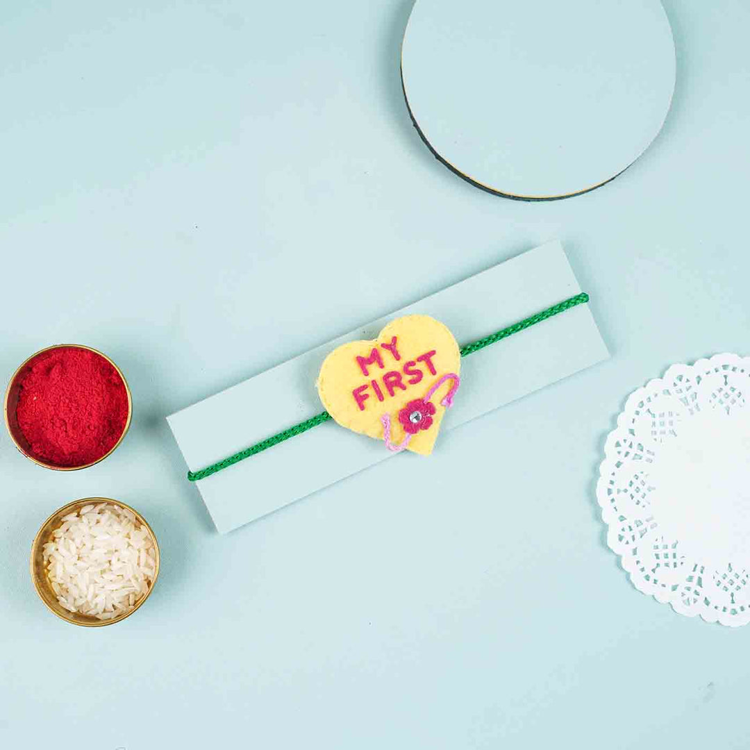 Handmade Felt My First Rakhi Kids Rakhi With Roli Chawal - Rakhi on Gift Envelope with Bowls