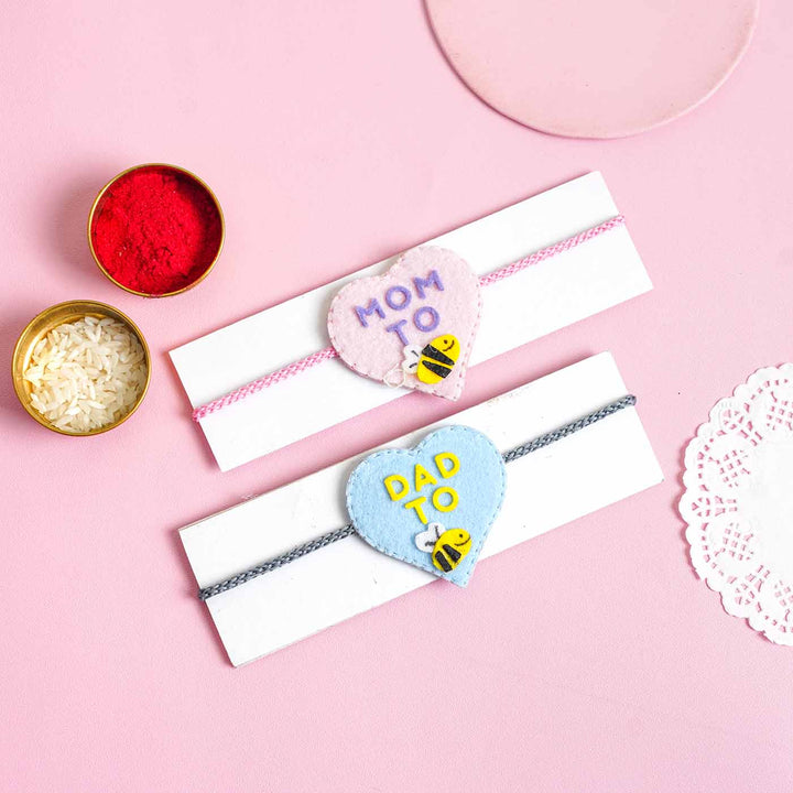 Personalized Handmade Felt Mom & Dad to be Rakhi With Roli Chawal | Set of 2