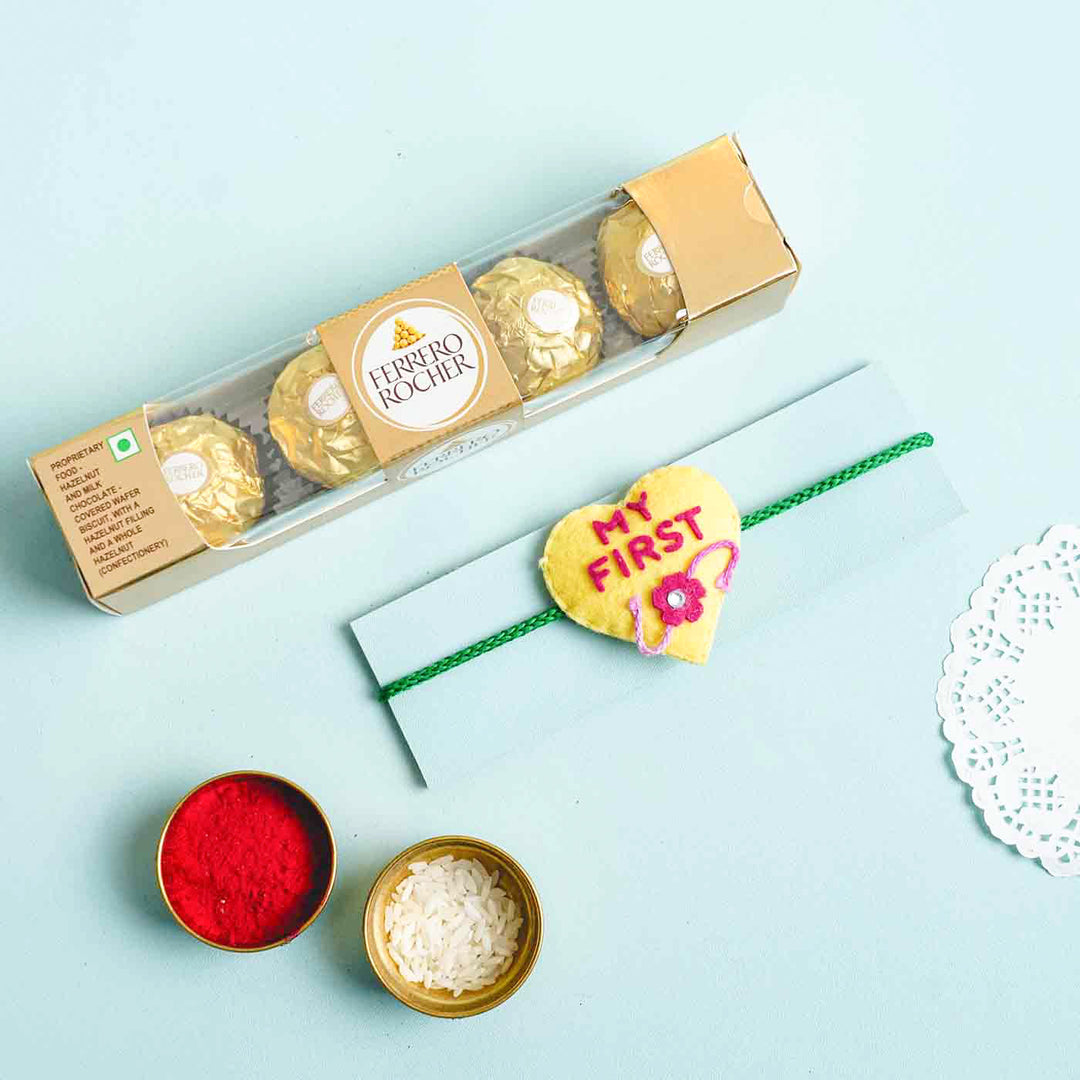 Handmade Felt My First Rakhi Kids Rakhi With Roli Chawal - Rakhi with Chocolates and Offer Setup