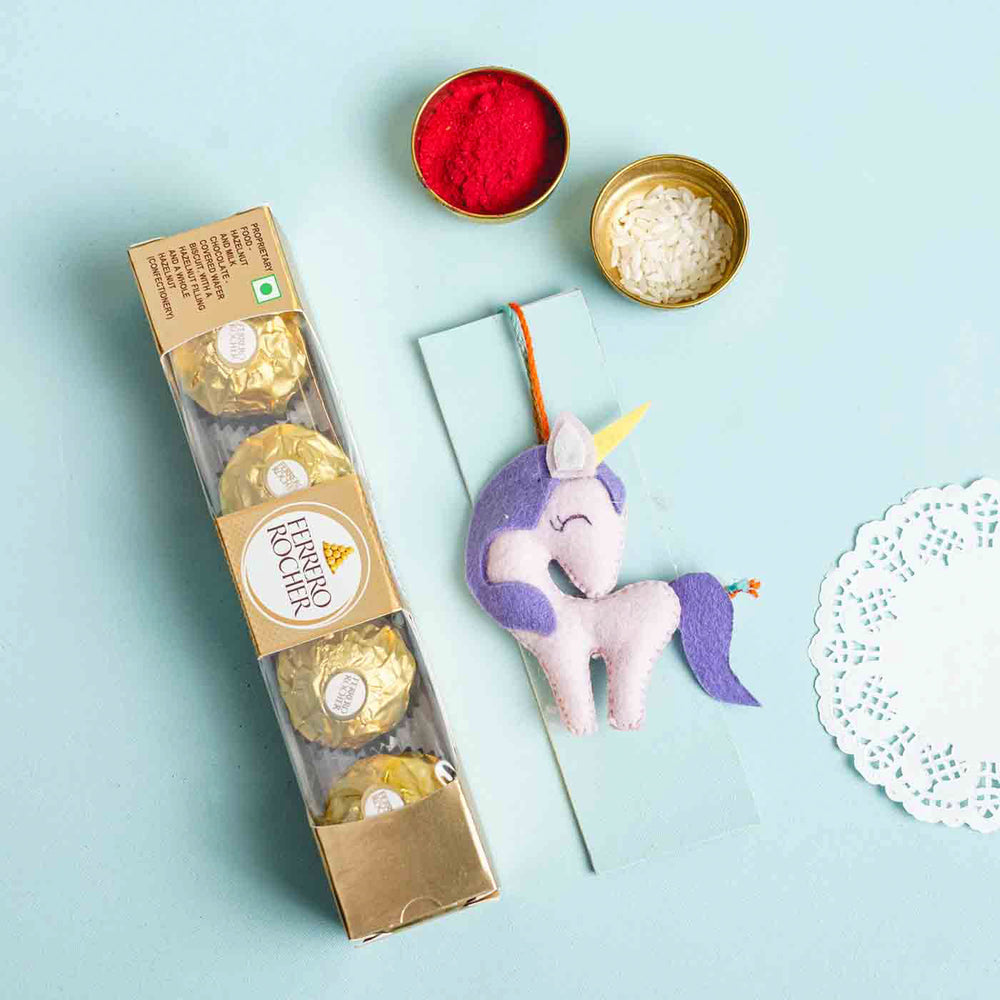 Personalized Handmade Unicorn Felt Rakhi With Roli Chawal - With Gift Box and Styling Elements