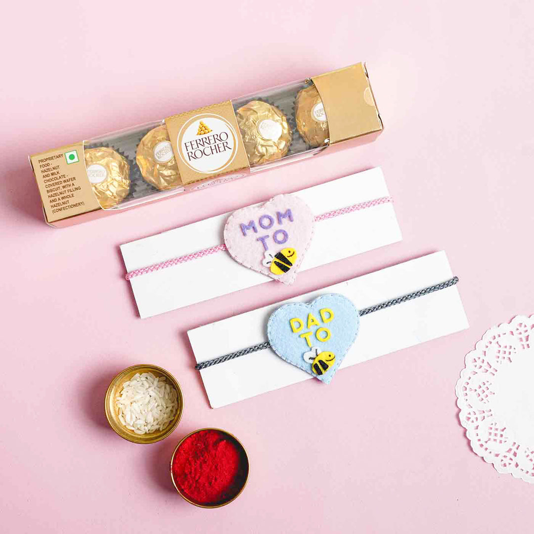 Personalized Handmade Felt Mom & Dad to be Rakhi With Roli Chawal | Set of 2