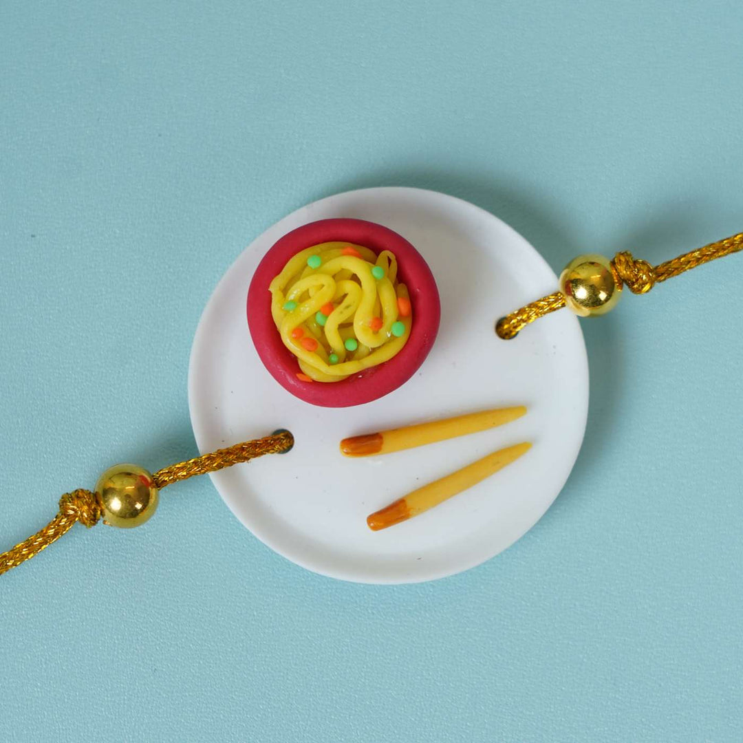 Handmade Miniature Clay Noodles Rakhi With Roli Chawal - Close-up of Rakhi Plate Detail