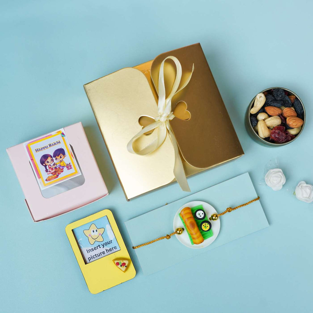 Handmade Miniature Clay Dosa Rakhi With Roli Chawal - Gift Box and Display Arrangement