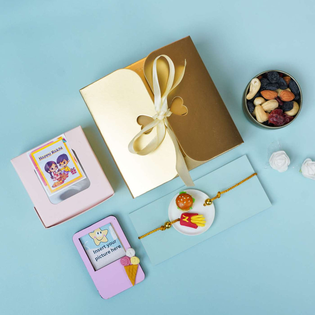 Handmade Miniature Clay Burger And Fries Rakhi With Roli Chawal - Rakhi with Gift Box Packaging
