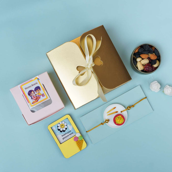 Handmade Miniature Clay Noodles Rakhi With Roli Chawal - Flat Lay with Rakhi Gift Set