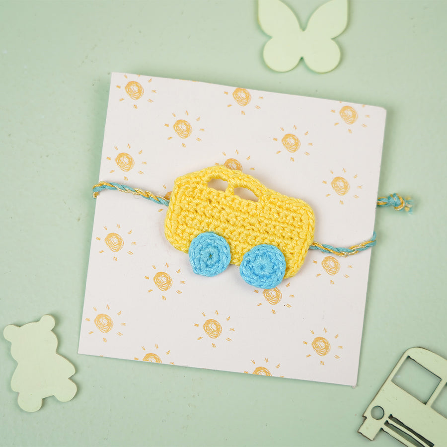 Handmade Crochet Bus Design Kids Rakhi With Roli Chawal - Mounted on Decorative Card