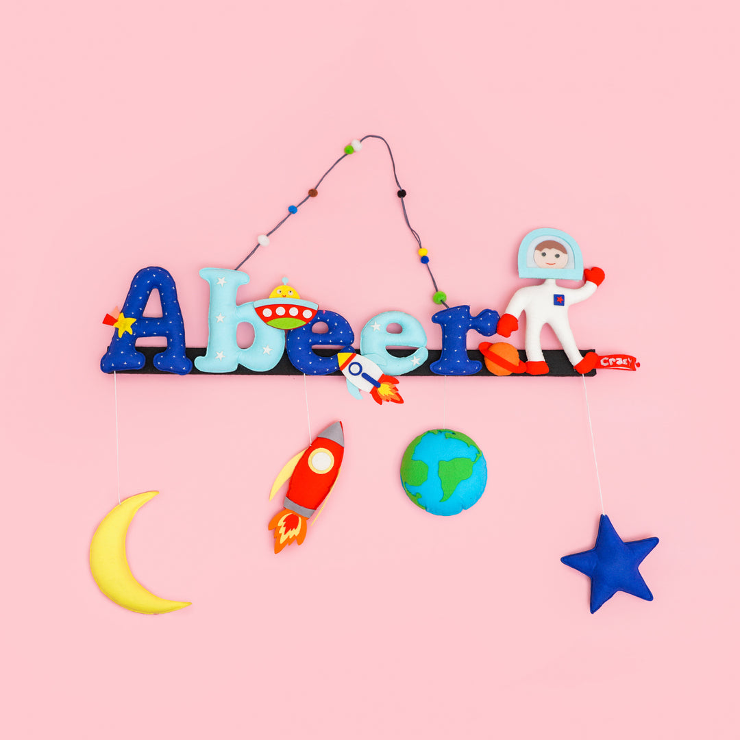 Handcrafted Personalized Astronauts Spaceship Felt Nameplate for Kids
