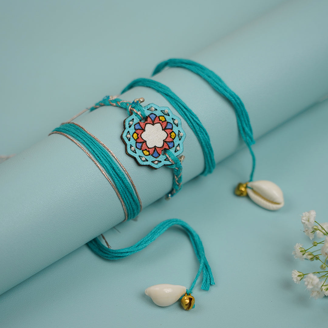 Handmade Jaipuri Ghungroo & Shell Wooden Bhaiya Bhabhi Rakhi With Roli Chawal