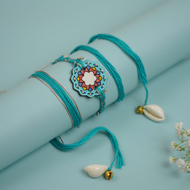 Handmade Jaipuri Ghungroo & Shell Wooden Bhaiya Bhabhi Rakhi With Roli Chawal