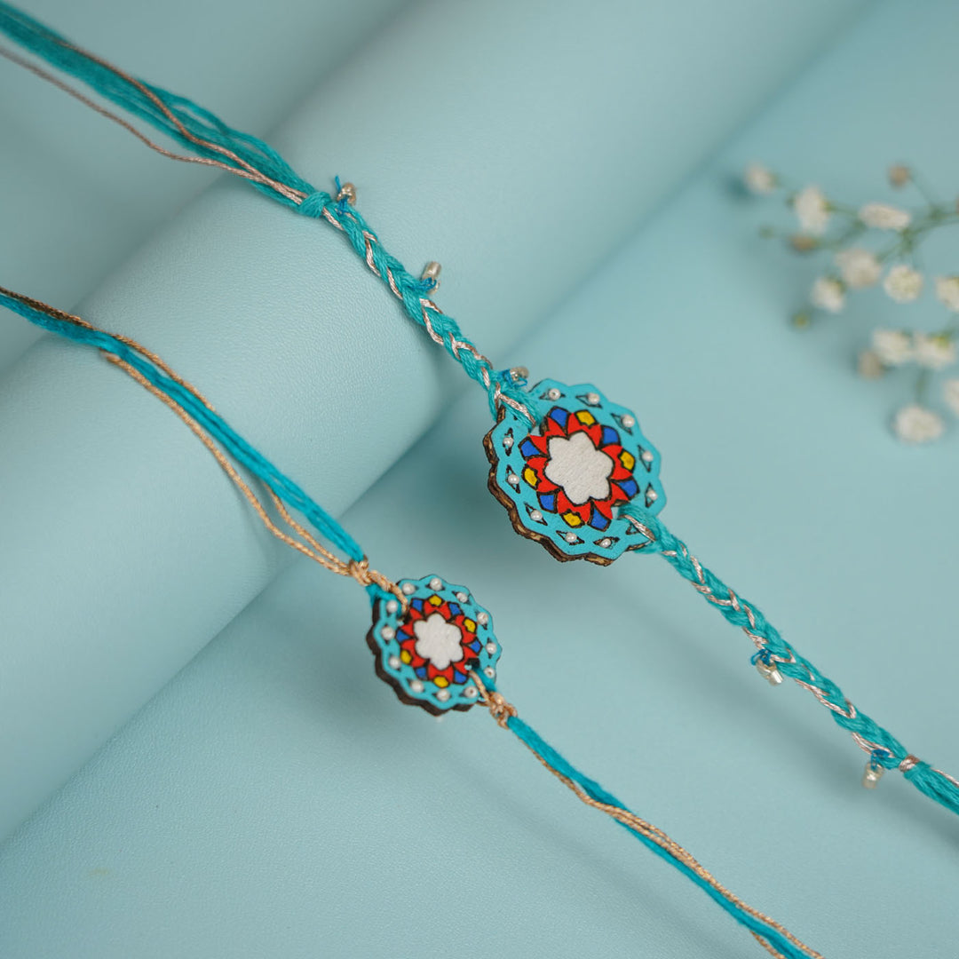 Handmade Jaipuri Ghungroo & Shell Wooden Bhaiya Bhabhi Rakhi With Roli Chawal