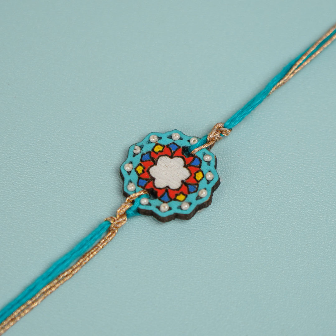 Handmade Jaipuri Ghungroo & Shell Wooden Bhaiya Bhabhi Rakhi With Roli Chawal