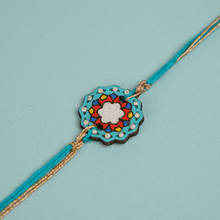Handmade Jaipuri Ghungroo & Shell Wooden Bhaiya Bhabhi Rakhi With Roli Chawal