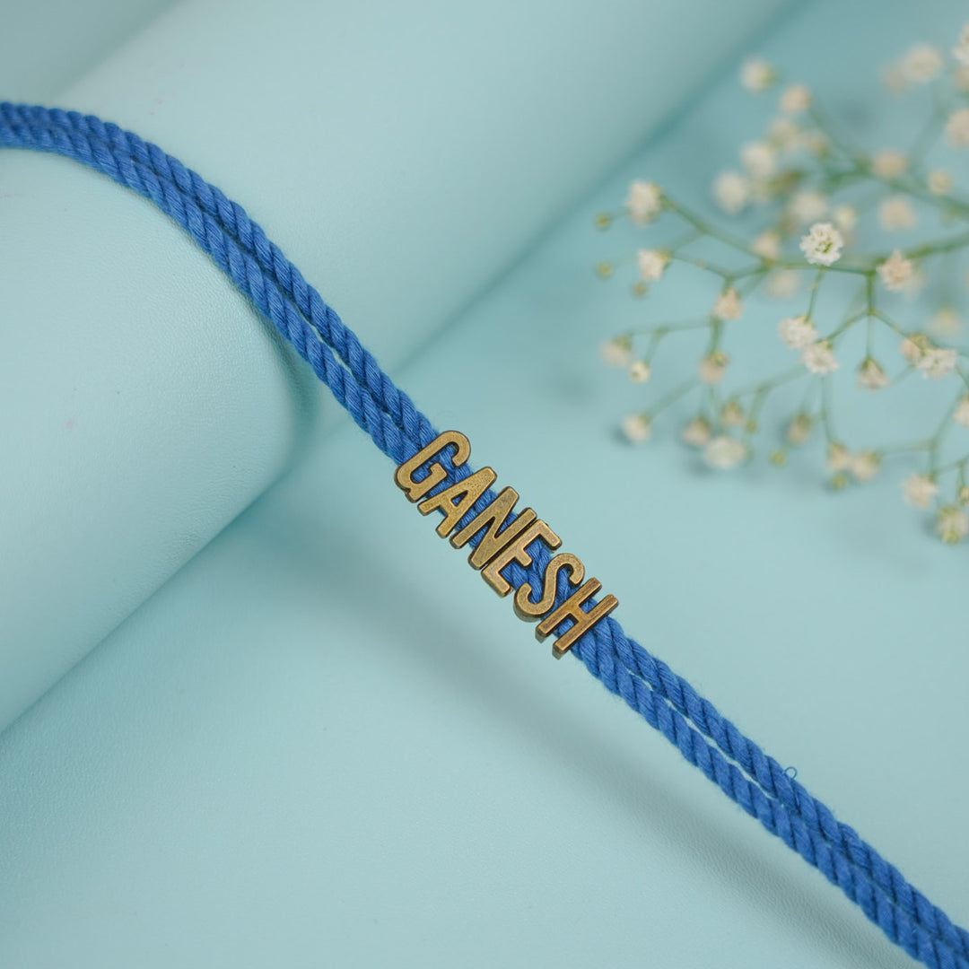 Personalized Handmade Minimalist Name Rakhi With Roli Chawal - Close-up of Single Name Bracelet