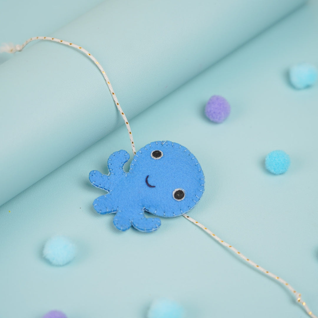 Customized Handmade Beaded Octopus Theme Felt Rakhi With Roli Chawal For Kids - Blue Octopus Close-up
