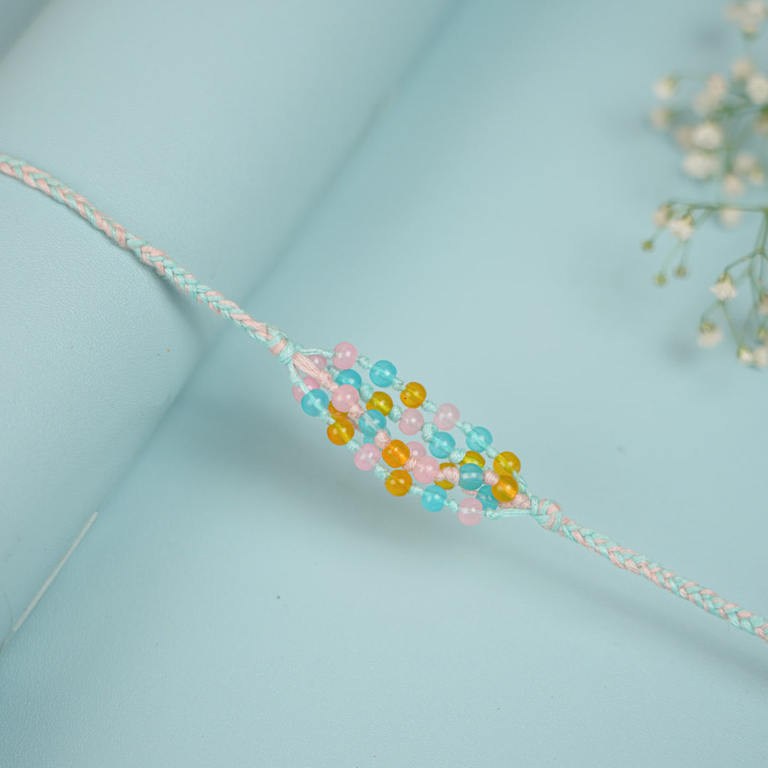 Handmade Beaded Megh Malhar Rakhi With Roli Chawal - Close-up of Beaded Bracelet Detail