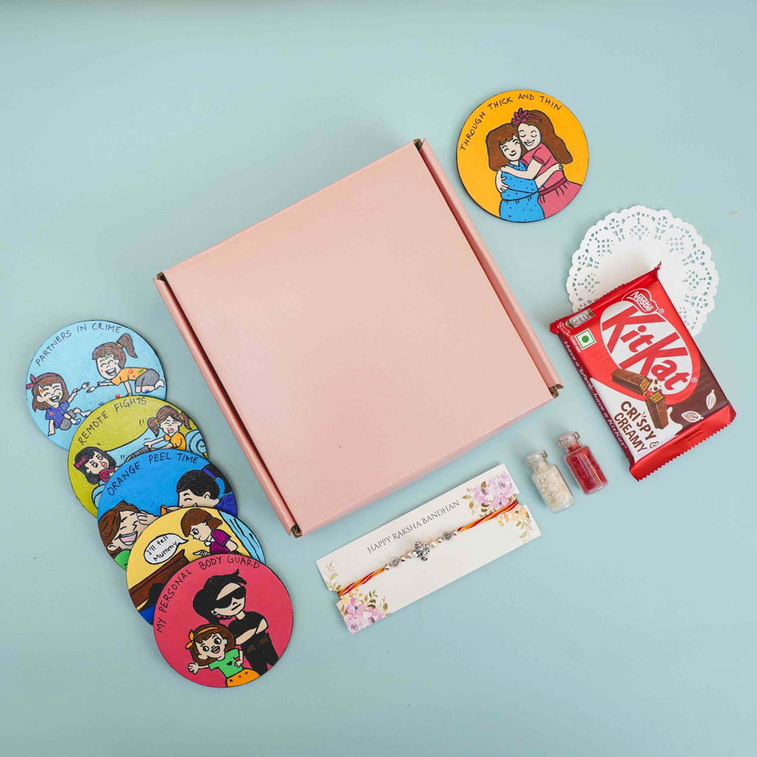 Hand Painted Caricature Magnet Rakhi Hamper With Chocolates Roli Chawal For Sisters Set Of 8 - Gift Box with Items Laid Out