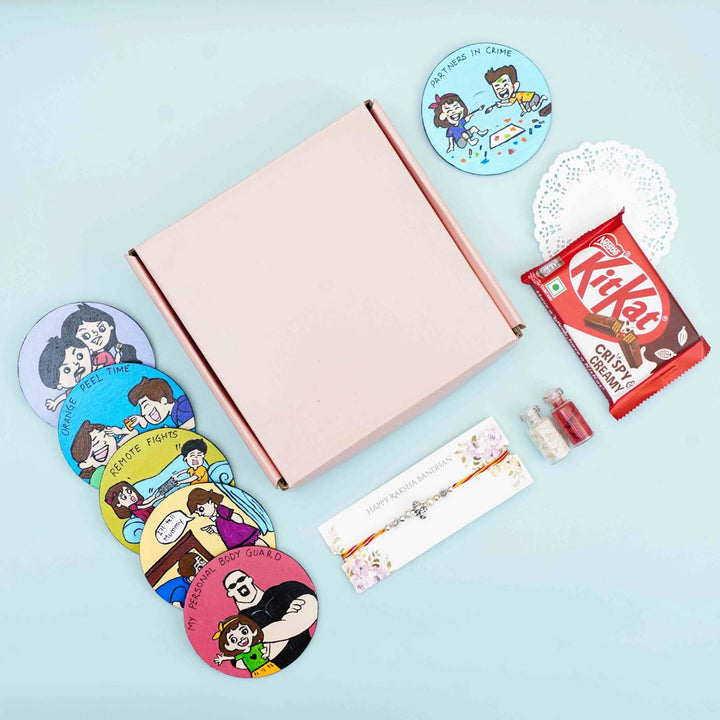 Hand-painted Caricature Magnet & Rakhi Hamper With Chocolates & Roli Chawal For Brother | Set of 8
