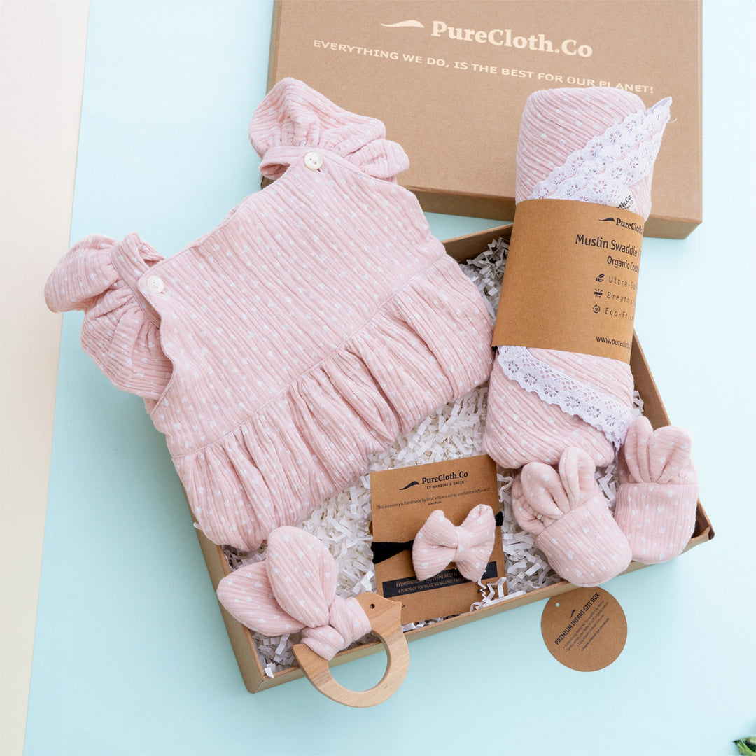 Pink Heart Baby Girl Gift Hamper | Romper, Swaddle & Teether