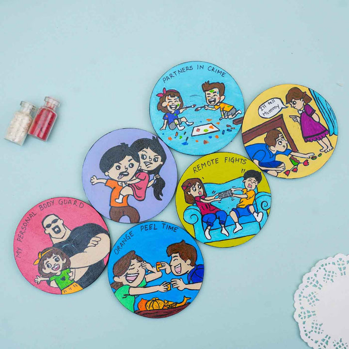 Hand-painted Caricature Magnet & Rakhi Hamper With Chocolates & Roli Chawal For Brother | Set of 8