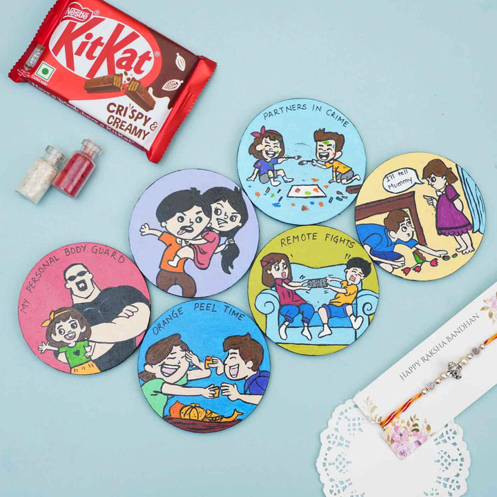 Hand-painted Caricature Magnet & Rakhi Hamper With Chocolates & Roli Chawal For Brother | Set of 8