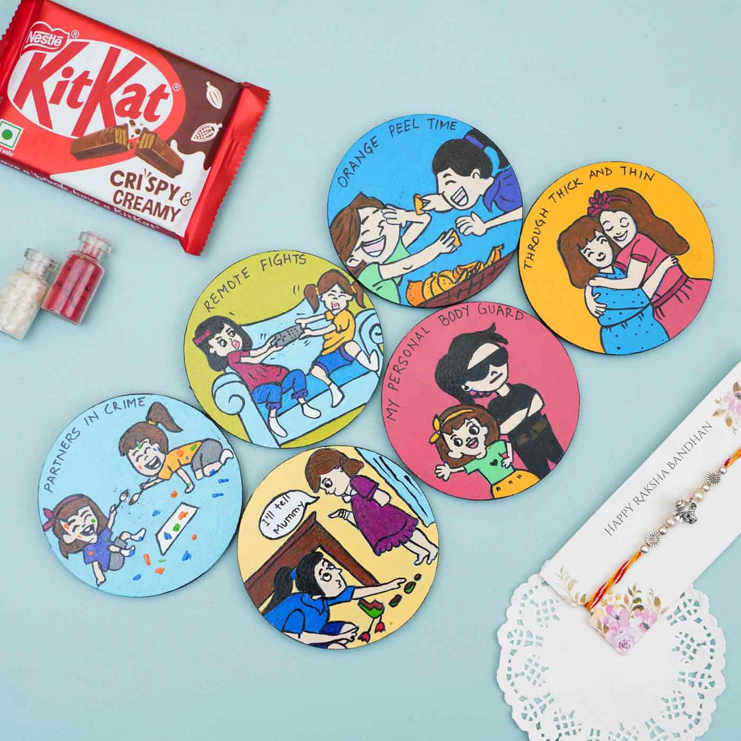 Hand Painted Caricature Magnet Rakhi Hamper With Chocolates Roli Chawal For Sisters Set Of 8 - Coaster Set with Chocolates