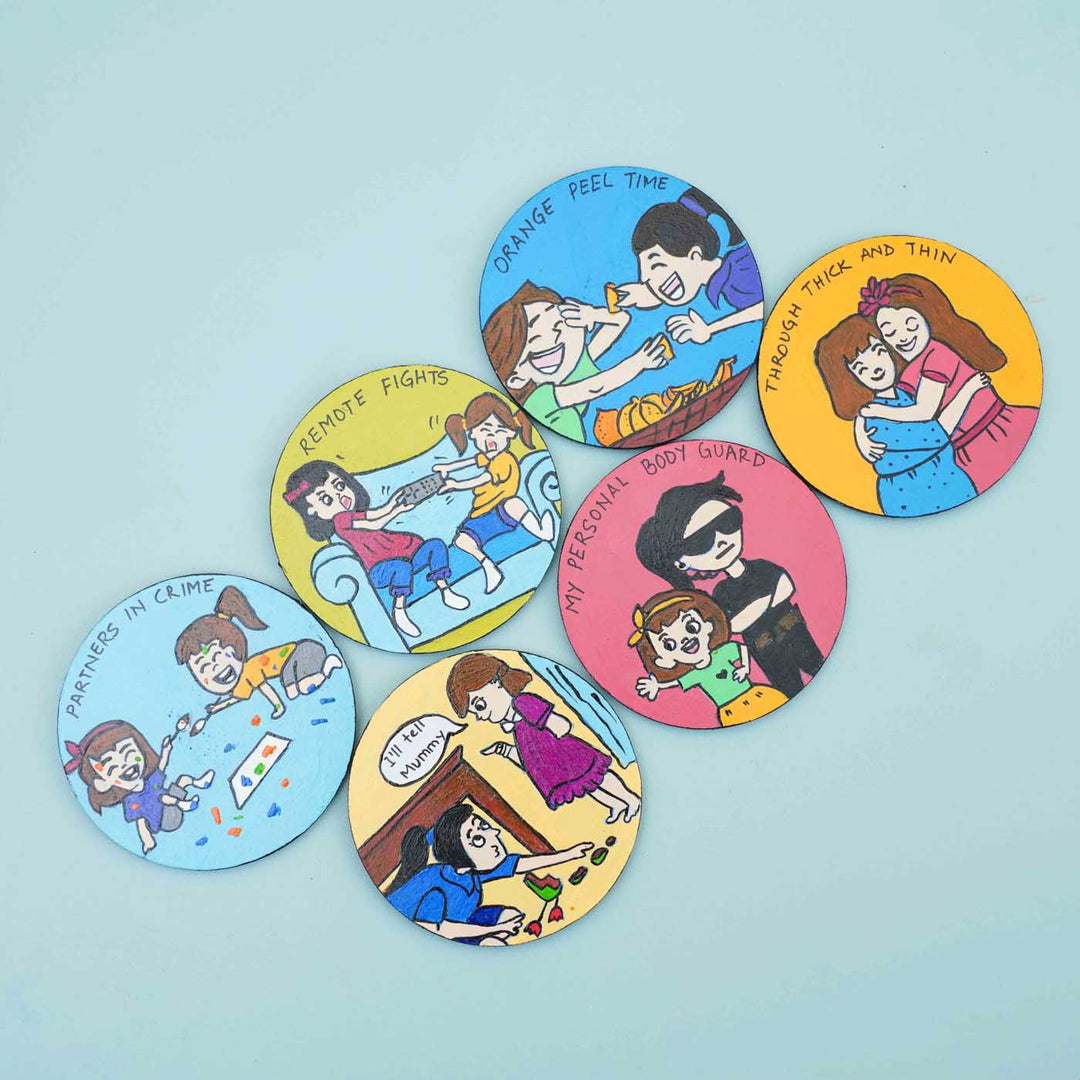 Hand Painted Caricature Magnet Rakhi Hamper With Chocolates Roli Chawal For Sisters Set Of 8 - Coaster Set Close-up