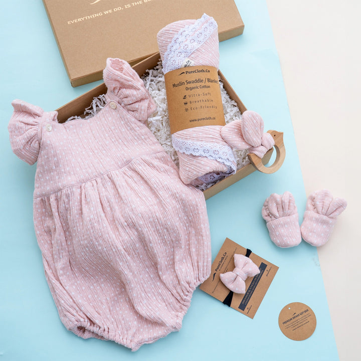 Pink Heart Baby Girl Gift Hamper | Romper, Swaddle & Teether
