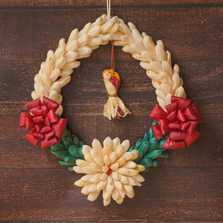 Handmade Ecofriendly Corn Husk White And Red Flower Wreath