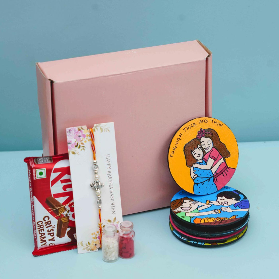 Hand Painted Caricature Magnet Rakhi Hamper With Chocolates Roli Chawal For Sisters Set Of 8 - Gift Box with Contents Arranged