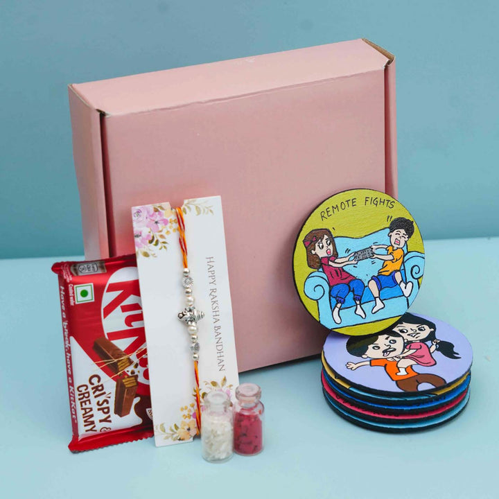 Hand-painted Caricature Magnet & Rakhi Hamper With Chocolates & Roli Chawal For Brother | Set of 8