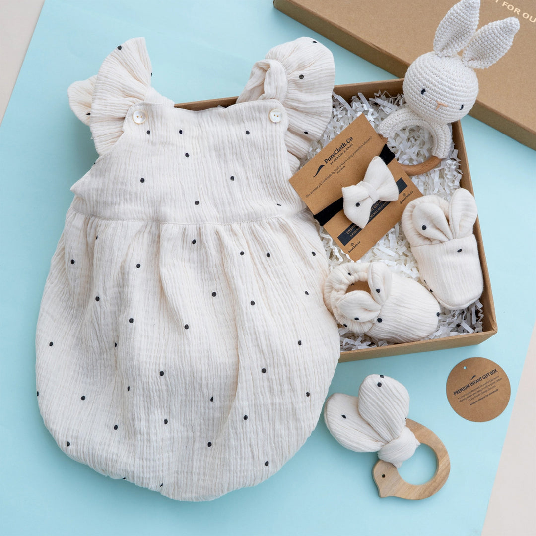 Polka Off White Baby Girl Gift Hamper | Romper, Teether & Bunny Rattle