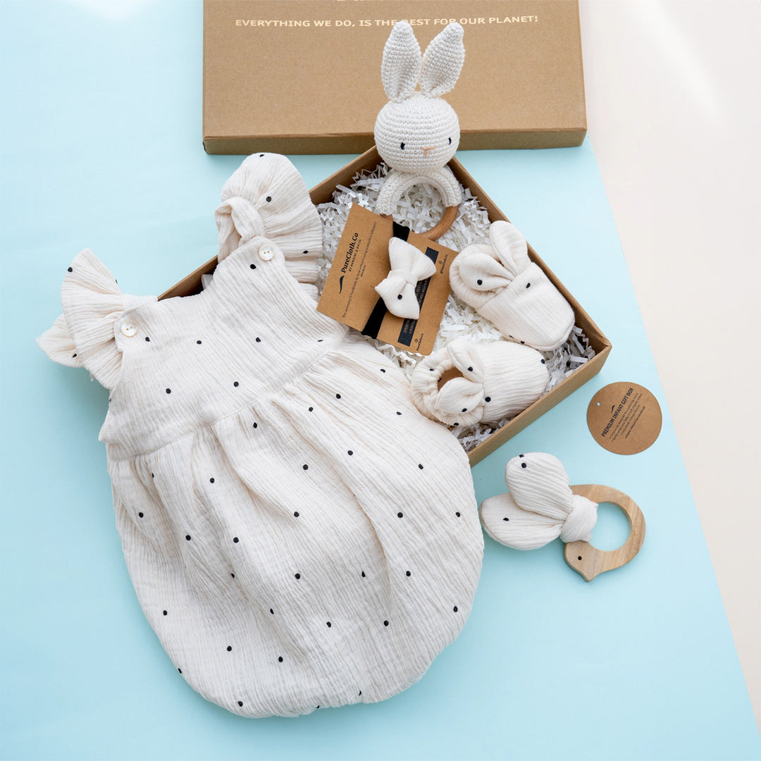 Polka Off White Baby Girl Gift Hamper | Romper, Teether & Bunny Rattle