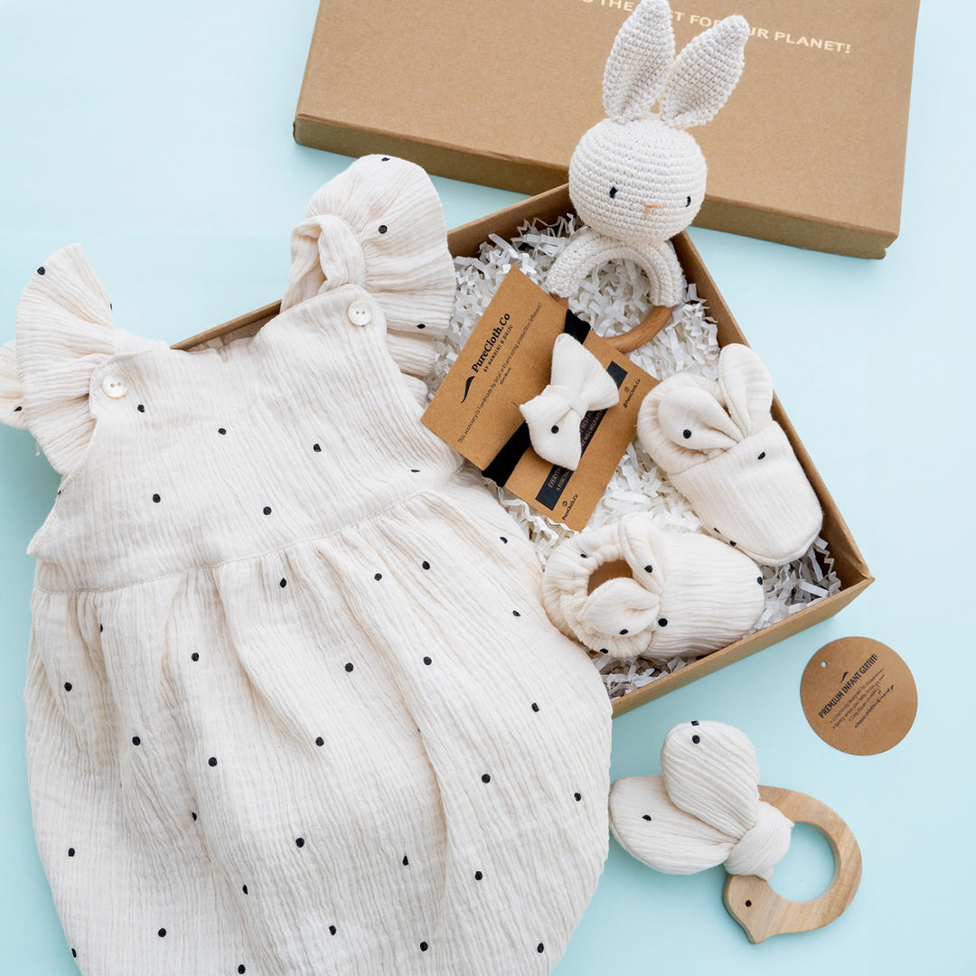 Polka Off White Baby Girl Gift Hamper | Romper, Teether & Bunny Rattle