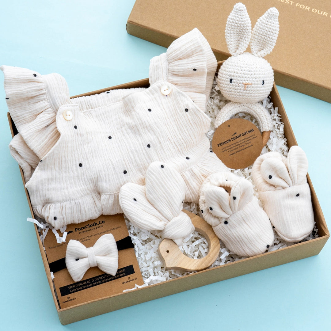 Polka Off White Baby Girl Gift Hamper | Romper, Teether & Bunny Rattle