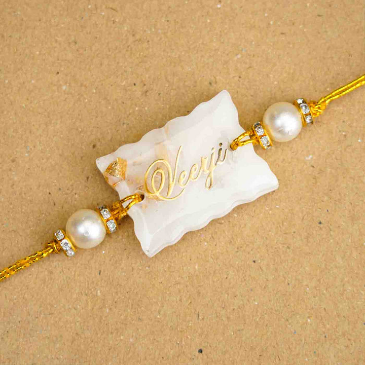 Personalized Handmade White Resin Rakhi With Roli Chawal