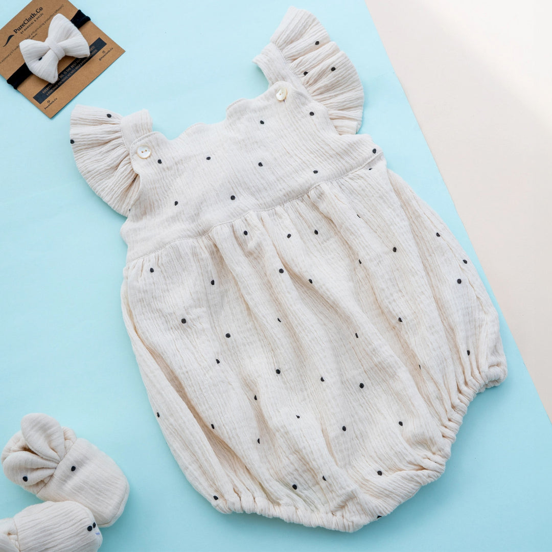 Polka Off White Baby Girl Gift Hamper | Romper, Teether & Bunny Rattle