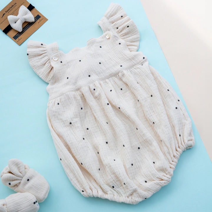 Polka Off White Baby Girl Gift Hamper | Romper, Teether & Bunny Rattle