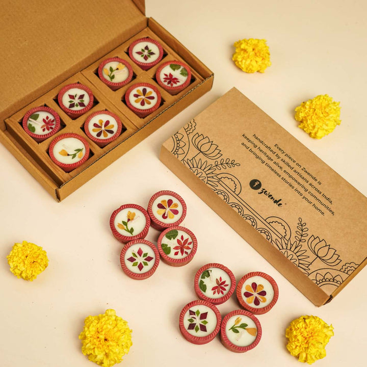 16 Diyas | Soy Wax & Dry Flower Terracota Festive Diyas | 2 Boxes, 8 Diyas per Box