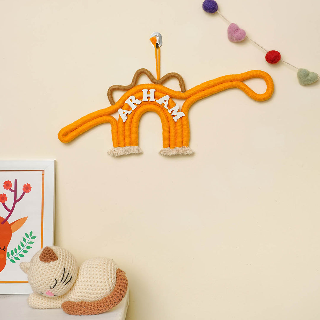 Personalized Handmade Macrame Dinosaur Kids Name Plate With 3D Letters - Hanging on Wall Hook Display