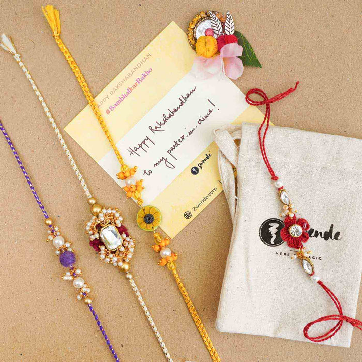 Handmade Kundan Red and White Beads Rakhi With Roli Chawal