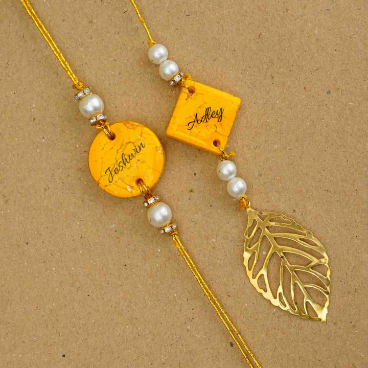 Personalized Handmade Yellow Resin Bhaiya Bhabhi Rakhi With Roli Chawal | Set of 2