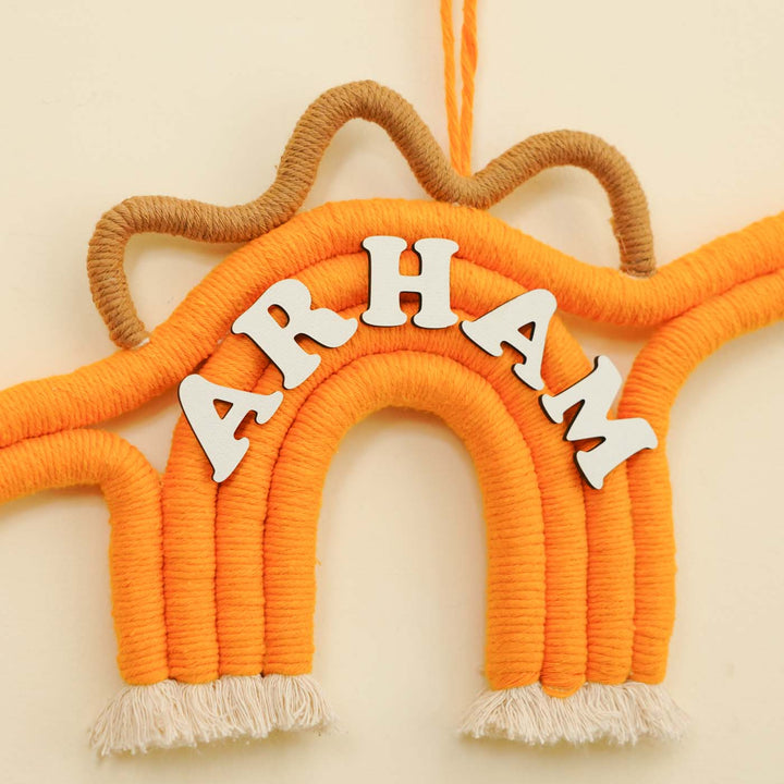 Personalized Handmade Macrame Dinosaur Kids Name Plate With 3D Letters - Name Personalization Example Close-up